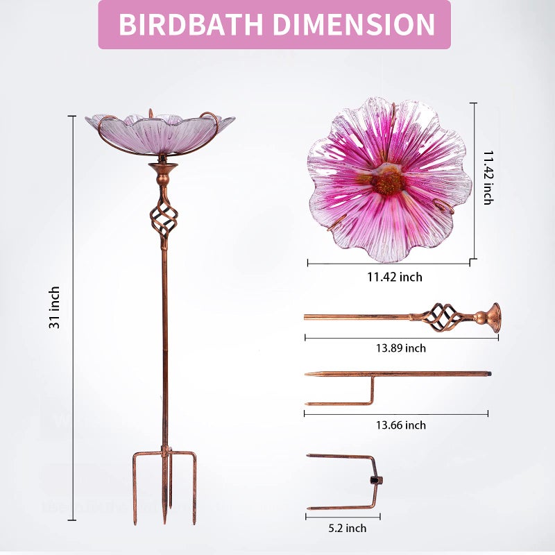 MUMTOP 31 Inch Height Glass Birdbath Birdfeeder with Metal Stake Garden Yard Outdoor Pink - Image 4
